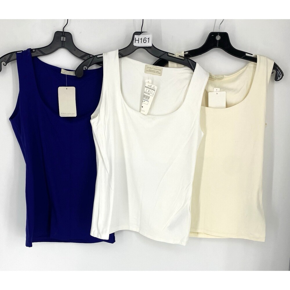 3 Pack Zara NWT Basic Sleeveless Tank Tops Double Lined Cream Blue White Large